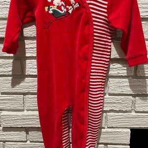 Little Me Red and White Striped Footies with Santa and Reindeer Design